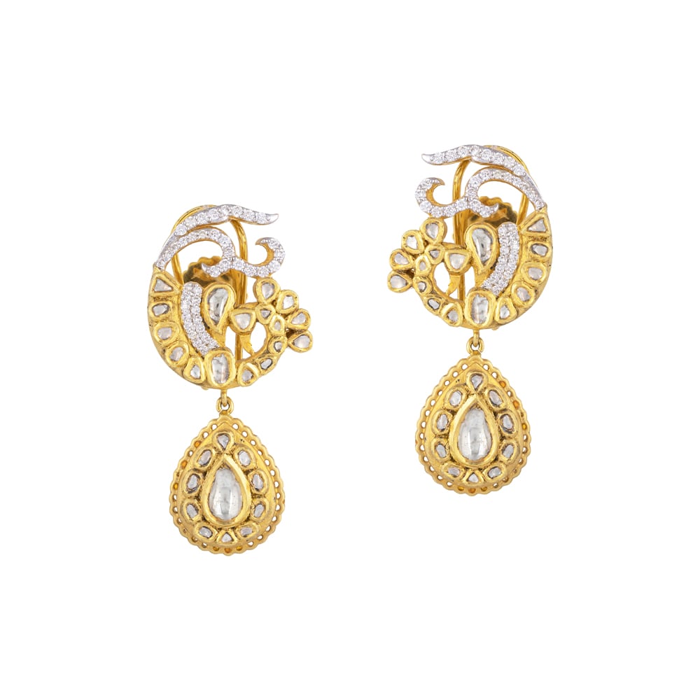 Peacock Polki Earrings with Diamond Accents and Teardrop Pendant